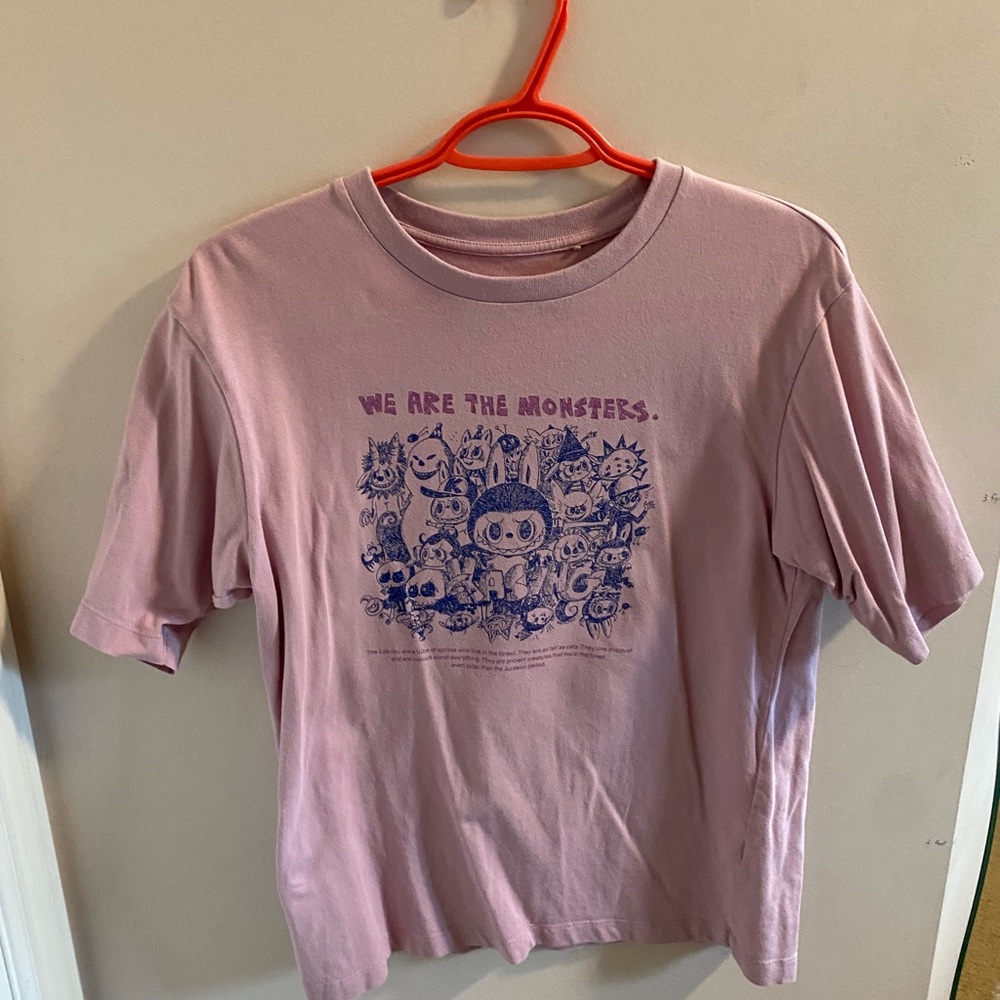 Uniqlo Pink Short Sleeve Tee with Blue Graphic Design